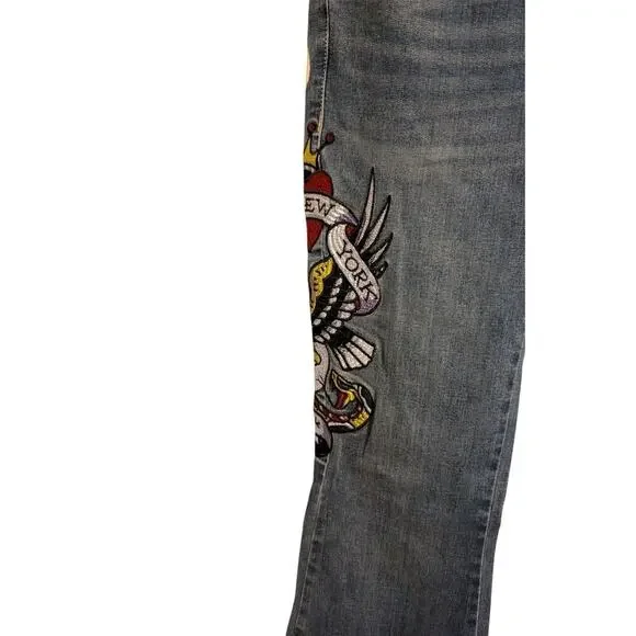 Ed Hardy Women's Embroidered New York City Eagle Slim Flare Jeans Size 28 G - Picture 3 of 7